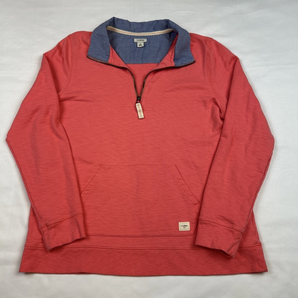 LL Bean Organic Cotton 1/4 Zip Pullover Sweatshirt Womens Large Reg Pink Sweater